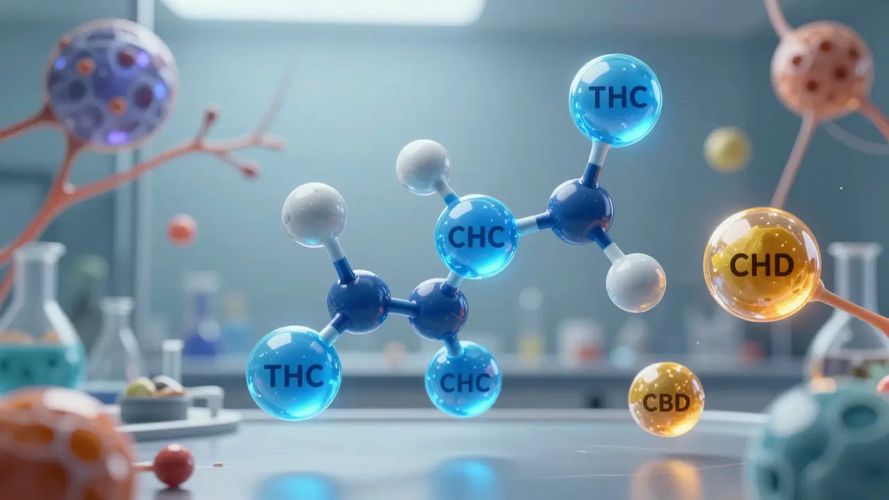 Ilustrace molekul THC a CBD s abstraktním pozadím receptorů.