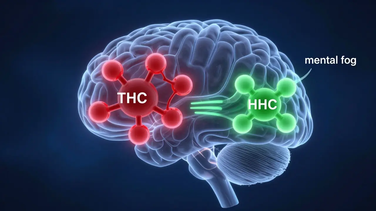Ilustrace mozku ukazující rozdíl mezi účinky THC a HHC