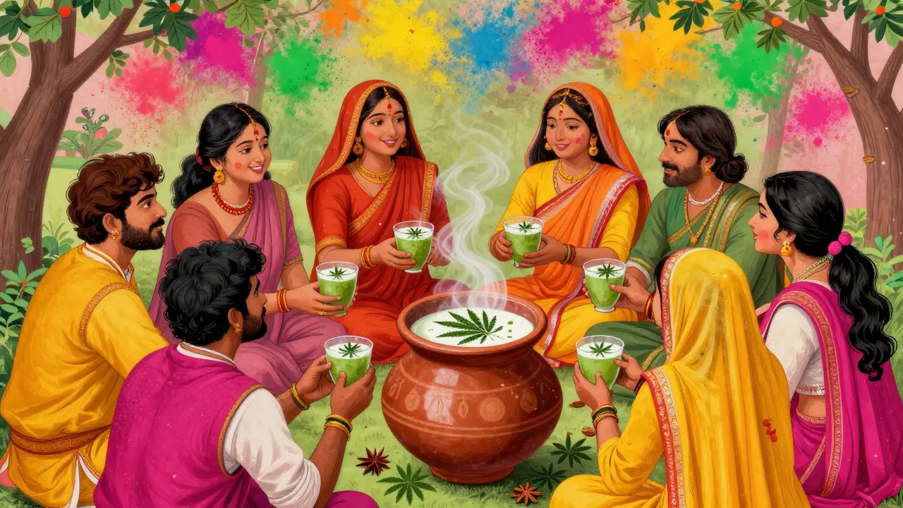Lidé sdílejí tradiční nápoj Bhang na indickém festivalu