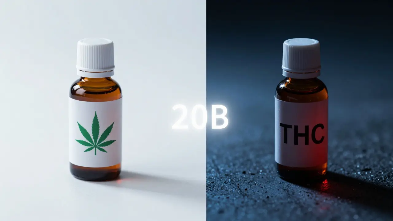Rozdělená scéna ukazující kontrast mezi legálním CBD vínem a nelegálním THC produktem