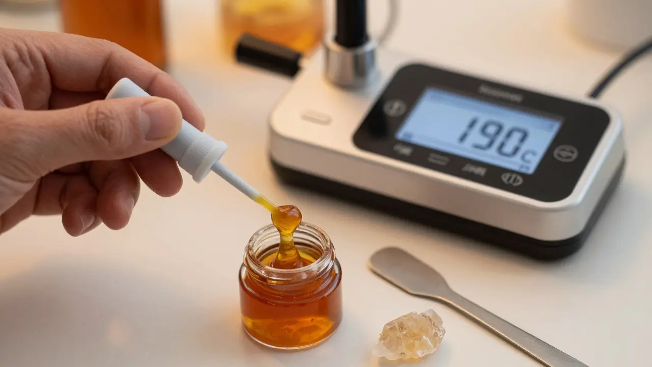 Silikonová špachtle s live resinem a dab rig na pozadí
