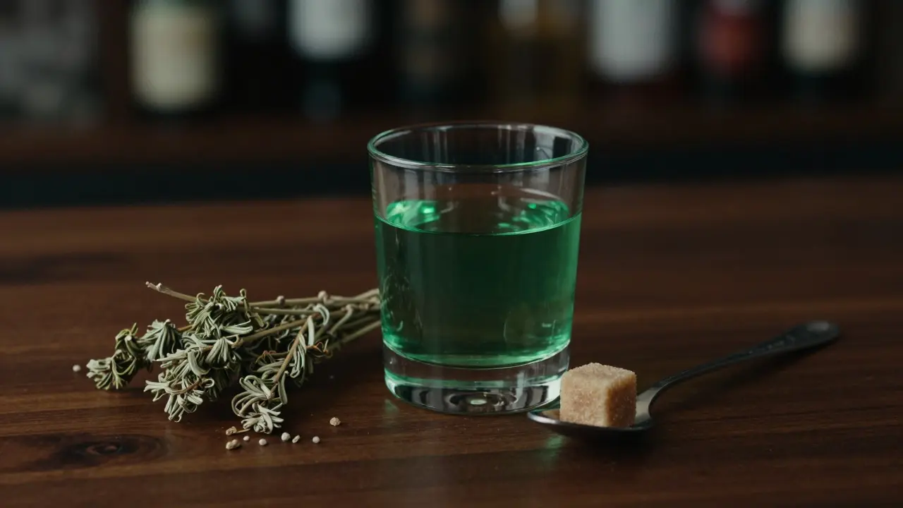 Sklenice absinthu s cukrem a sušeným pelyňkem na dřevěném stole