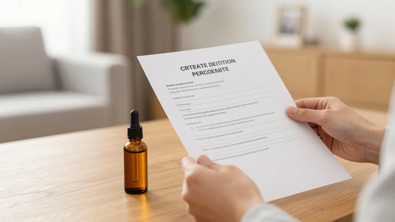 Spotřebitel kontroluje certifikát kvality u lahvičky s kanabinoidním olejem