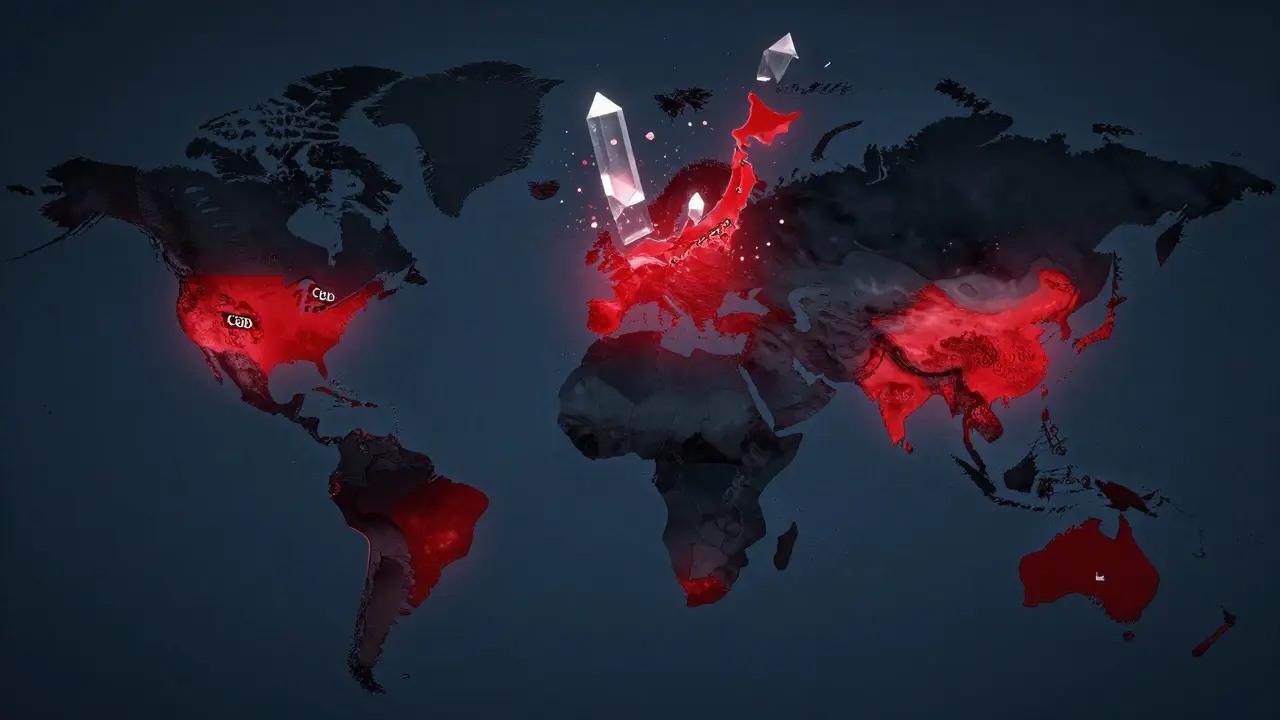 Světová mapa s červenými zónami zakázaných zemí pro CBD produkty
