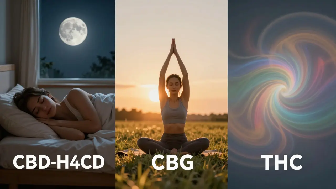 Umělecká kompozice zobrazující účinky CBD, THC, CBG a H4CBD