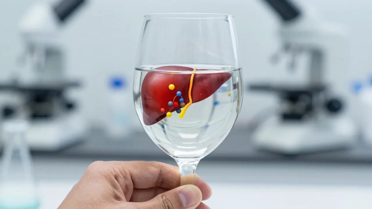 Záběr na sklenici vína s vizualizací zatíženého jatra a metabolických procesů