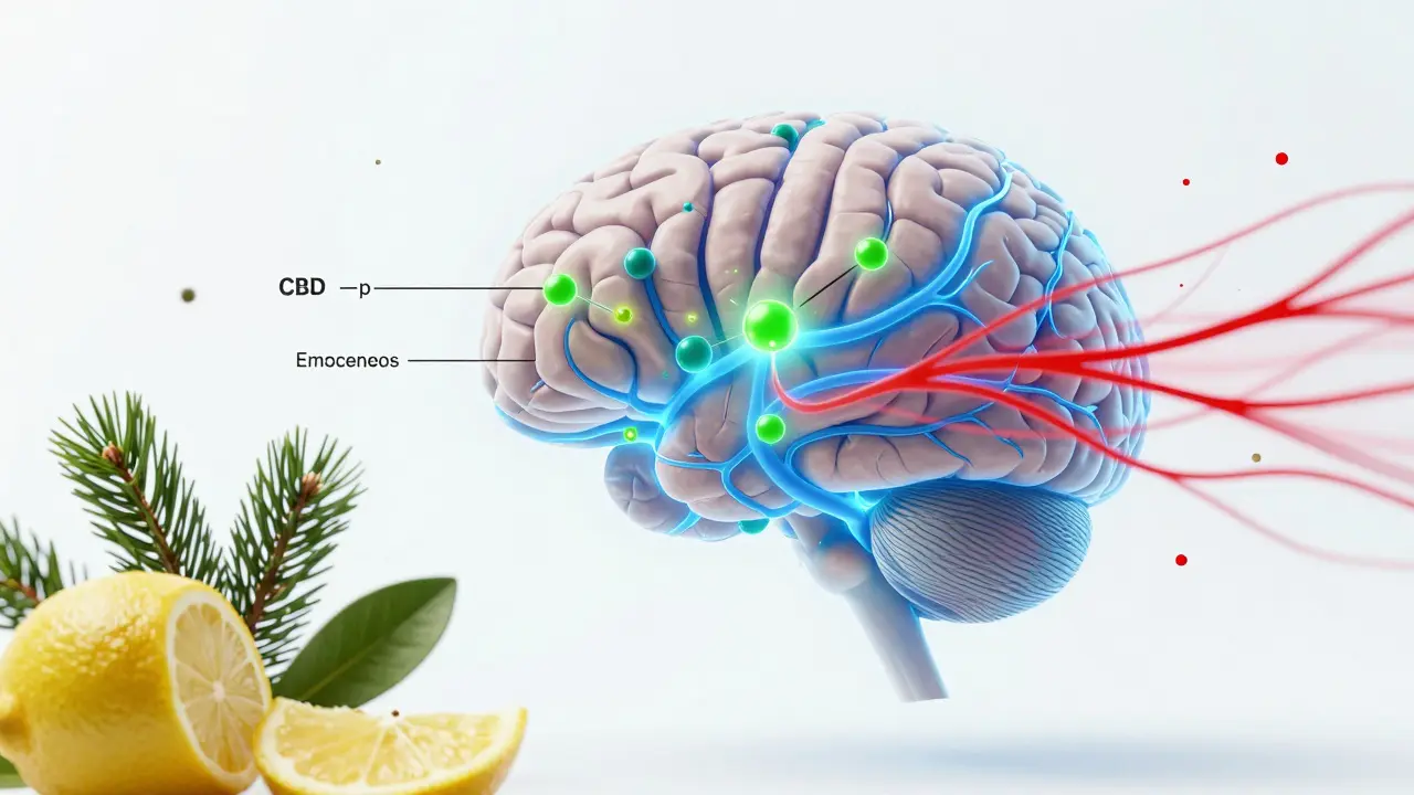Ilustrace mozku ukazující interakci CBD s endokanabinoidním systémem a terpény