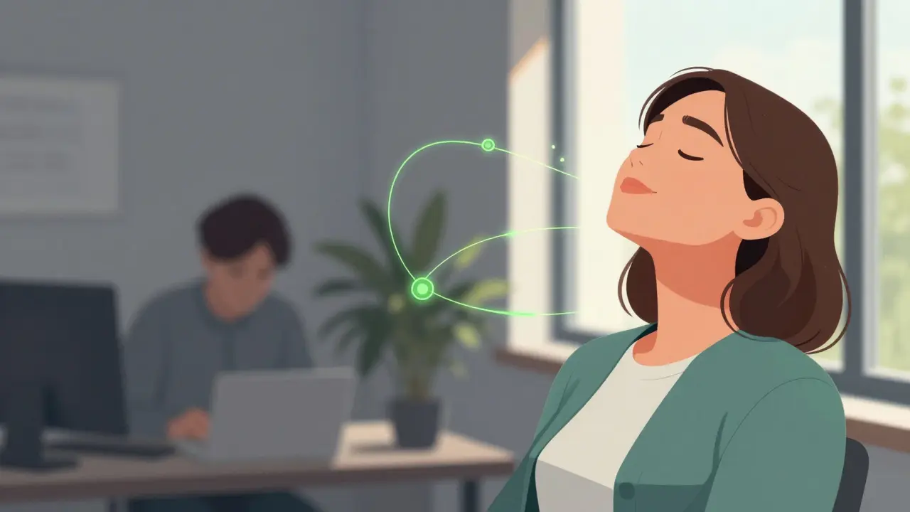 Konceptuální ilustrace odpolední obnovy energie a soustředění v kanceláři.