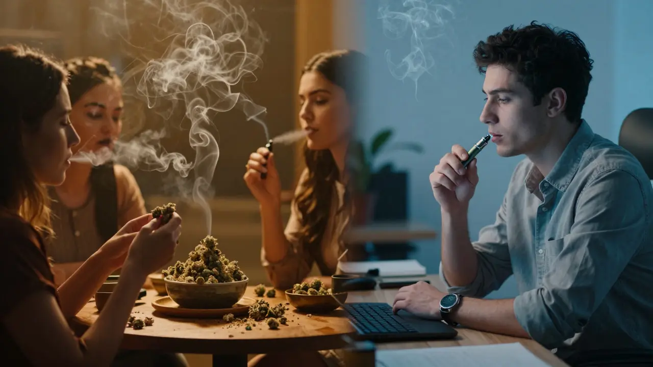 Konceptuální obrázek srovnávající společenské kouření a diskrétní vapování