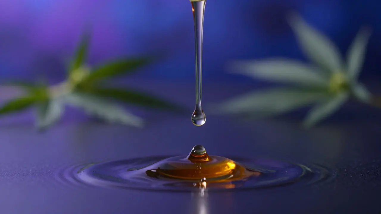 Macro shot of amber oil drop on dark surface with night-themed bokeh background