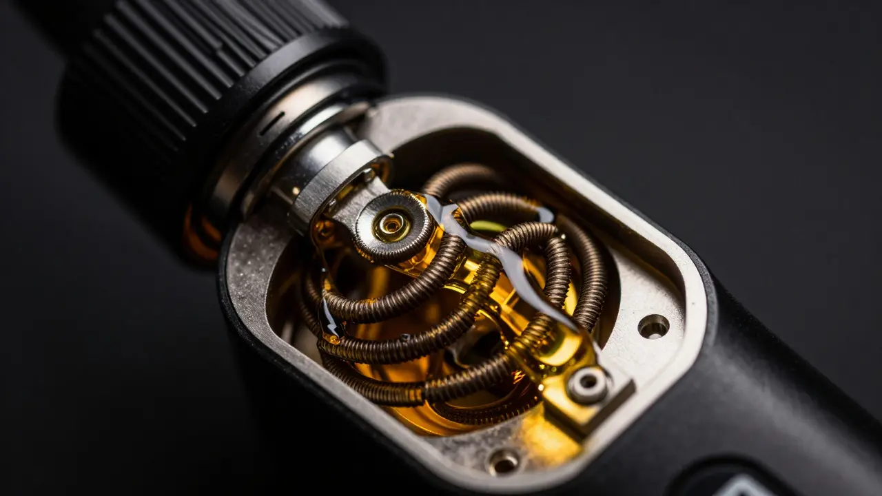 Makro záběr na mechanismus vape zařízení s hustým zlatým olejem