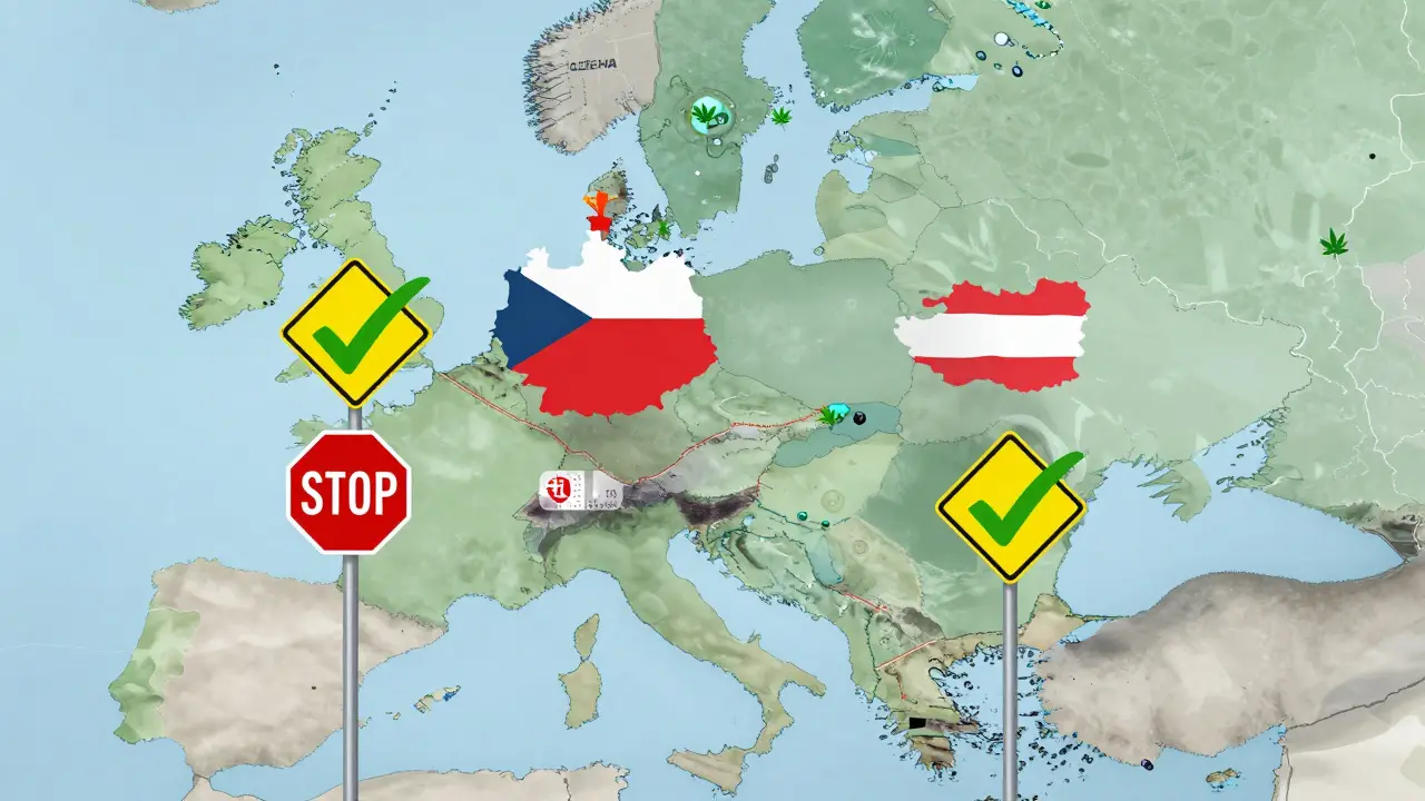 Mapa Evropy s vizuálními symboly různých legislativních omezení pro CBD