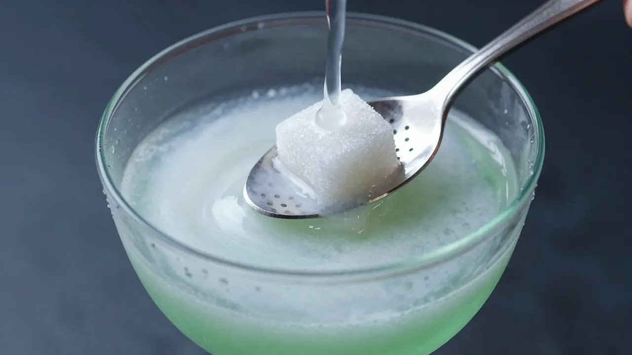 Mléčný louche efekt při ředění absintu studenou vodou ve sklenici