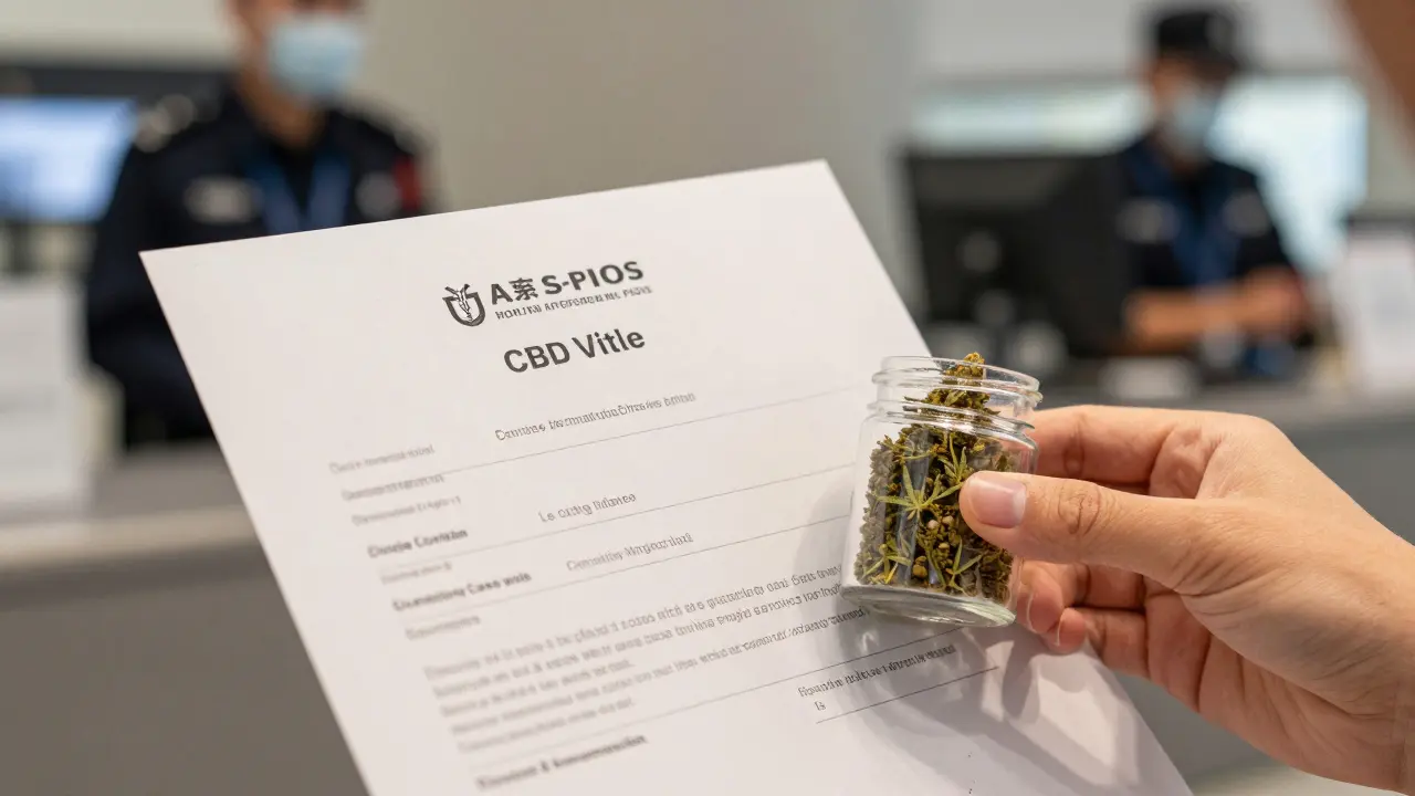 Ruka drží laboratorní certifikát vedle sklenice s CBD květy