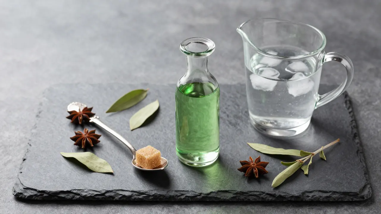 Sada pro přípravu absintu: lžíce, cukr, voda a bylinky