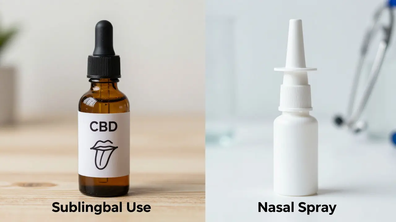 Srovnání lahvičky CBD oleje pro podjazykové použití a farmaceutického nosního spreje.