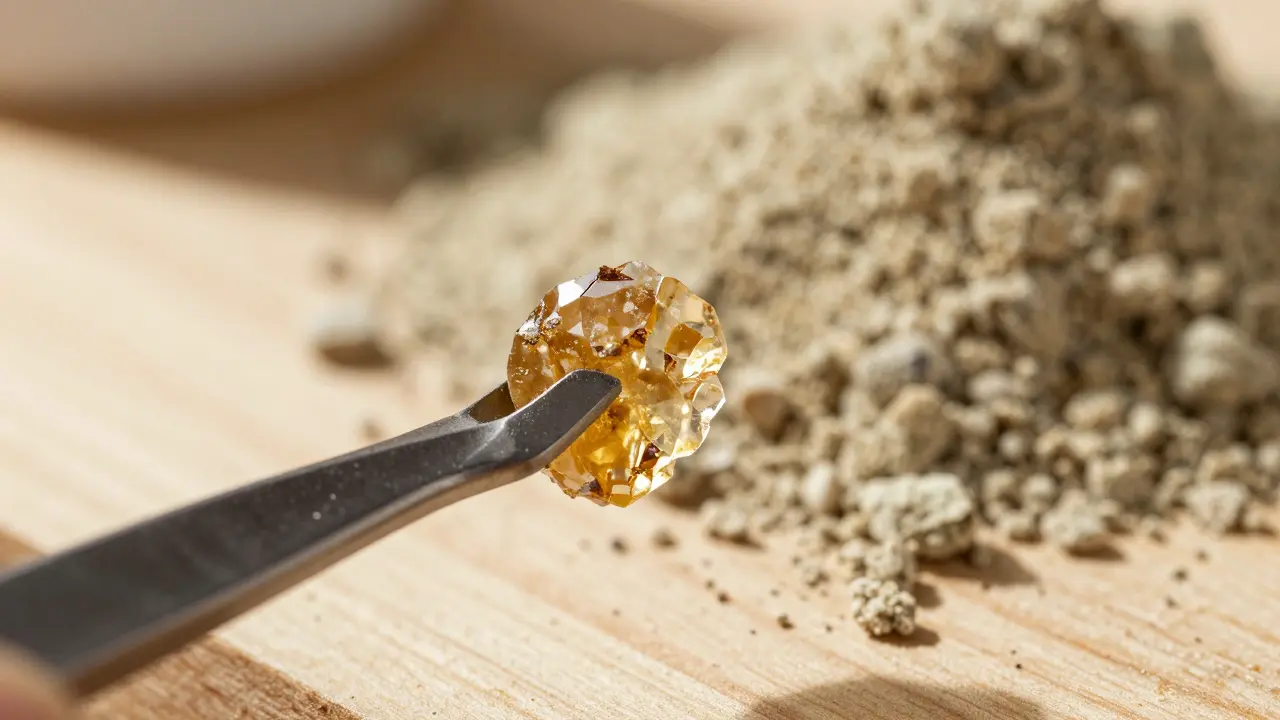 Zlomlý kousek průhledného CBD shatteru a hromádka crumble