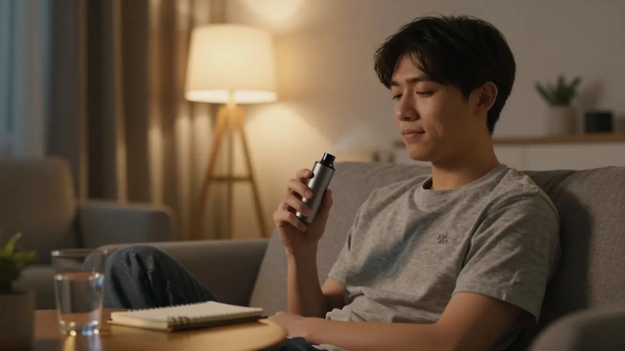 A relaxed young adult sitting in a cozy, dimly lit living room holding a vaporizer, looking calm and functional rather than sedated, illustrating the balanced effect of HHC allowing for clear thinking while unwinding.