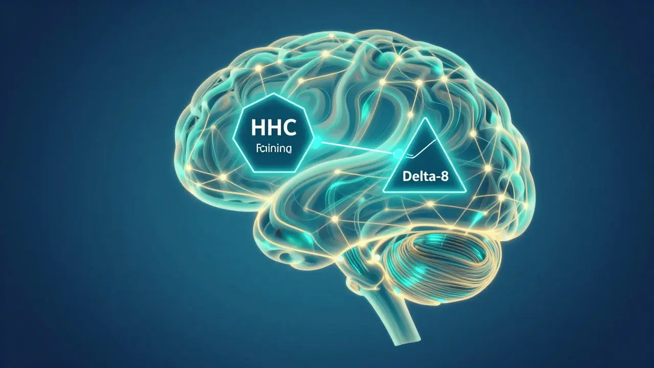 Abstract digital art of a glowing brain network with hexagonal and triangular shapes floating inside, symbolizing how HHC and Delta-8 interact differently with the endocannabinoid system for physical vs mental effects.