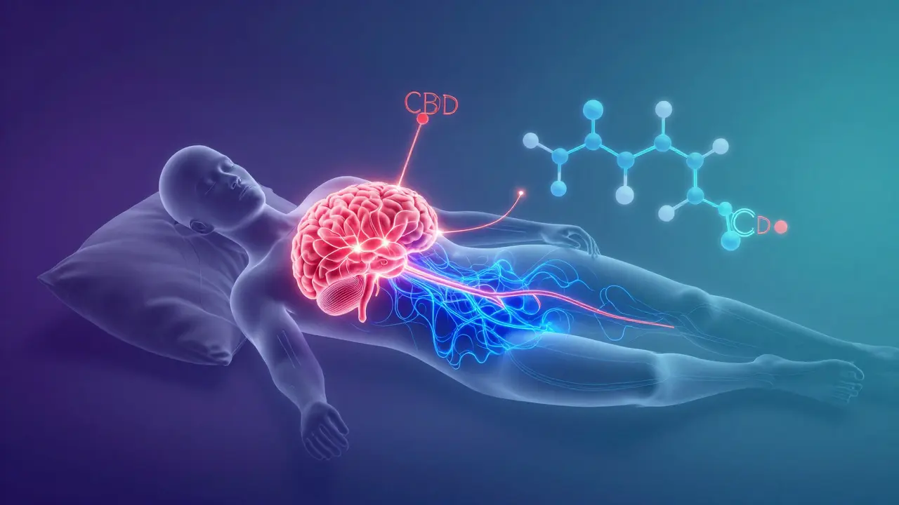 Abstraktní ilustrace CBD působícího na nervový systém pro spánek