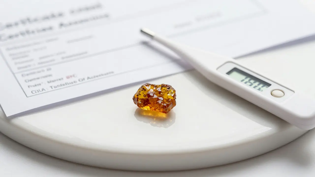 CBD shatter vedle teploměru a laboratorního certifikátu kvality
