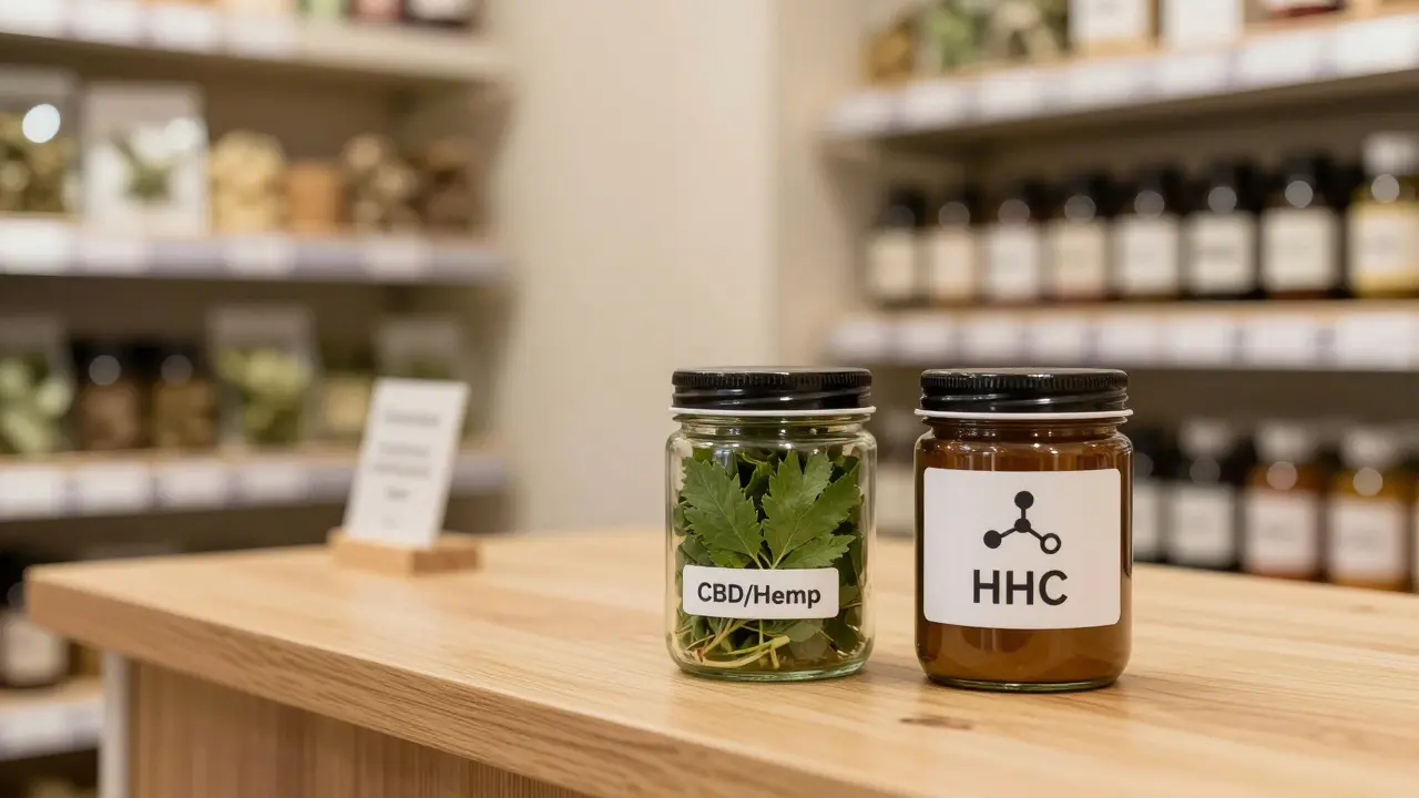 Dvě sklenice s produkty CBD a HHC na pultu bylinkářství