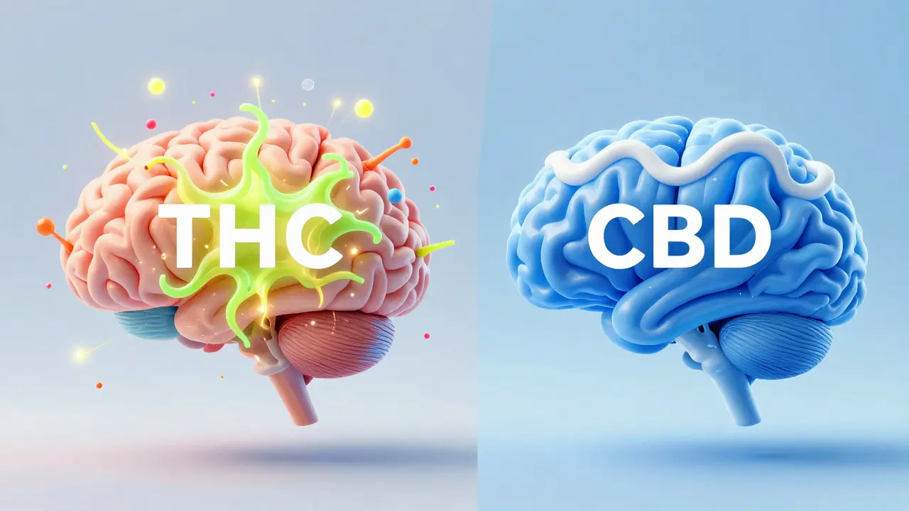 Ilustrace rozdílů mezi účinky THC a CBD na mozek