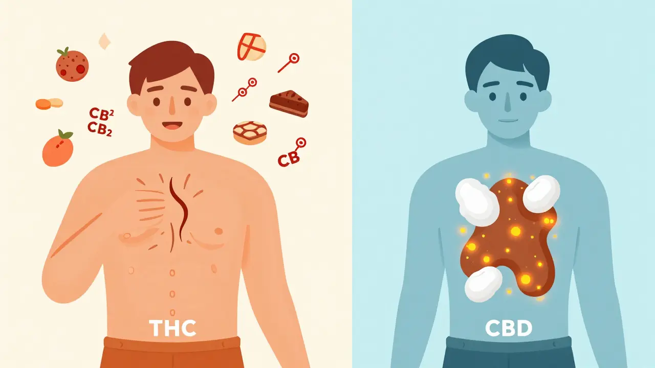 Konceptuální ilustrace rozdílů mezi účinky THC a CBD na metabolismus