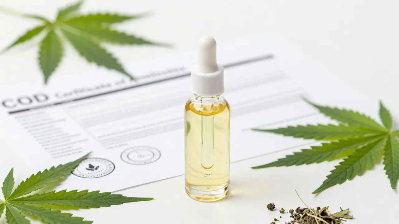 Láhev CBD oleje vedle certifikátu analýzy