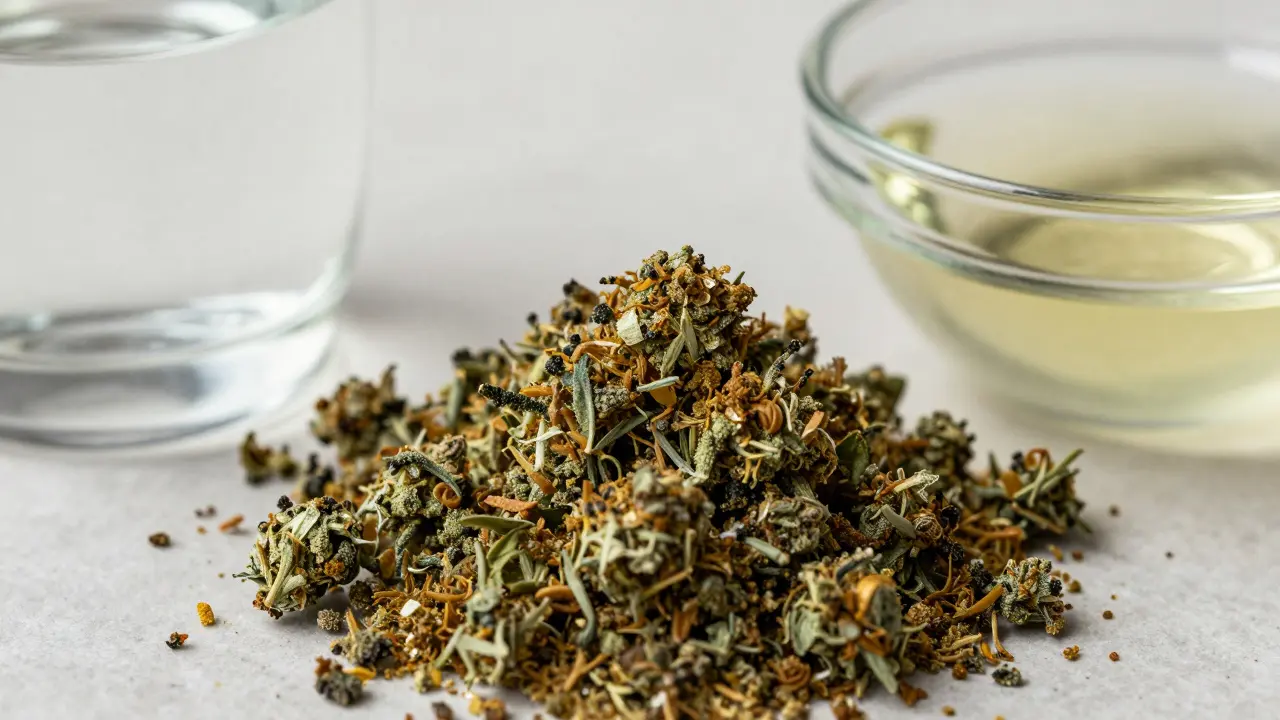 Makro záběr CBD crumble vedle vody a oleje