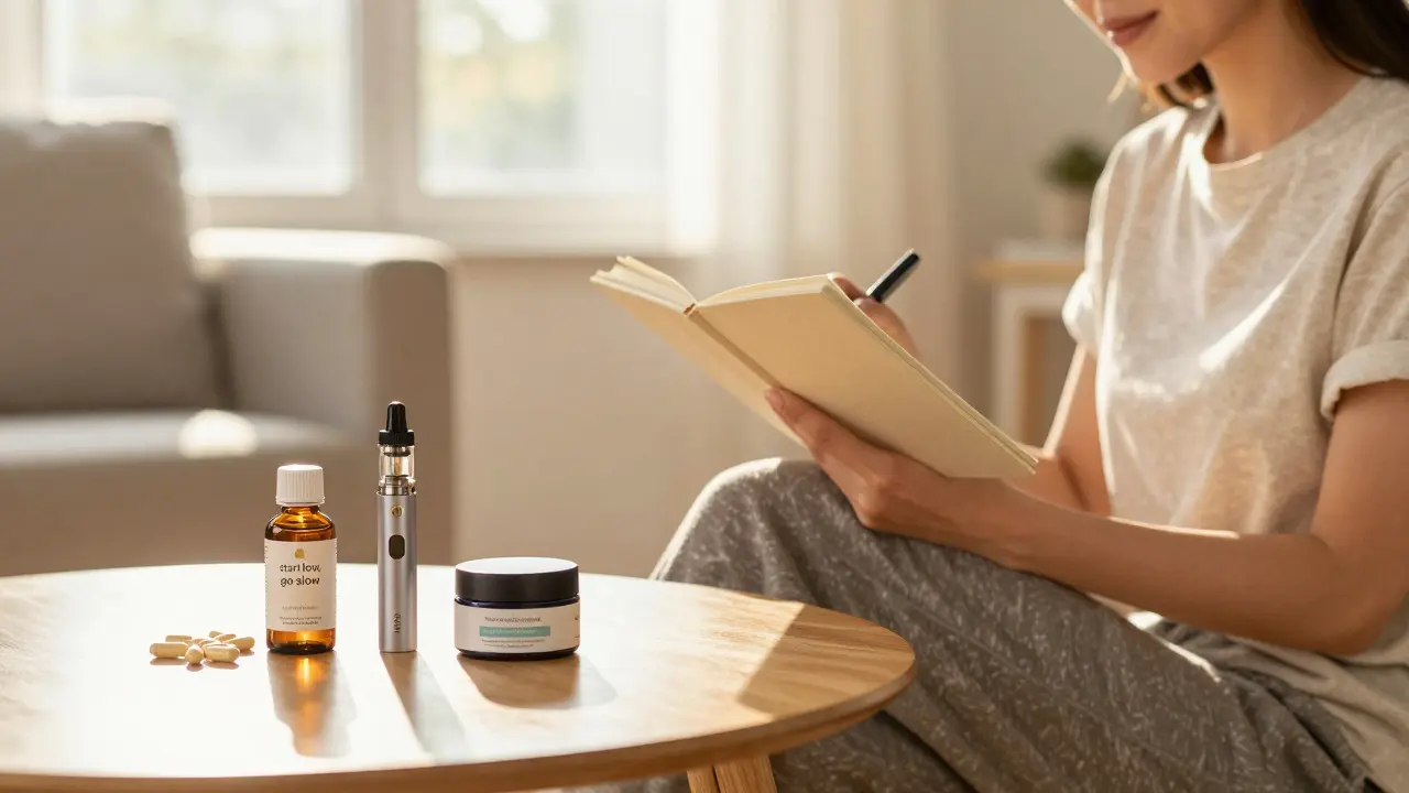 Osoba vedoucí deník wellness na stole s různými produkty CBD