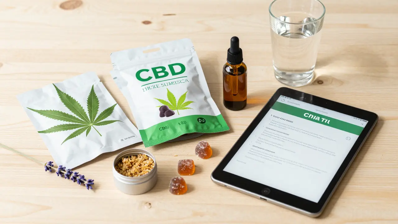 Různé formy CBD produktů a relaxační doplňky na dřevěném stole