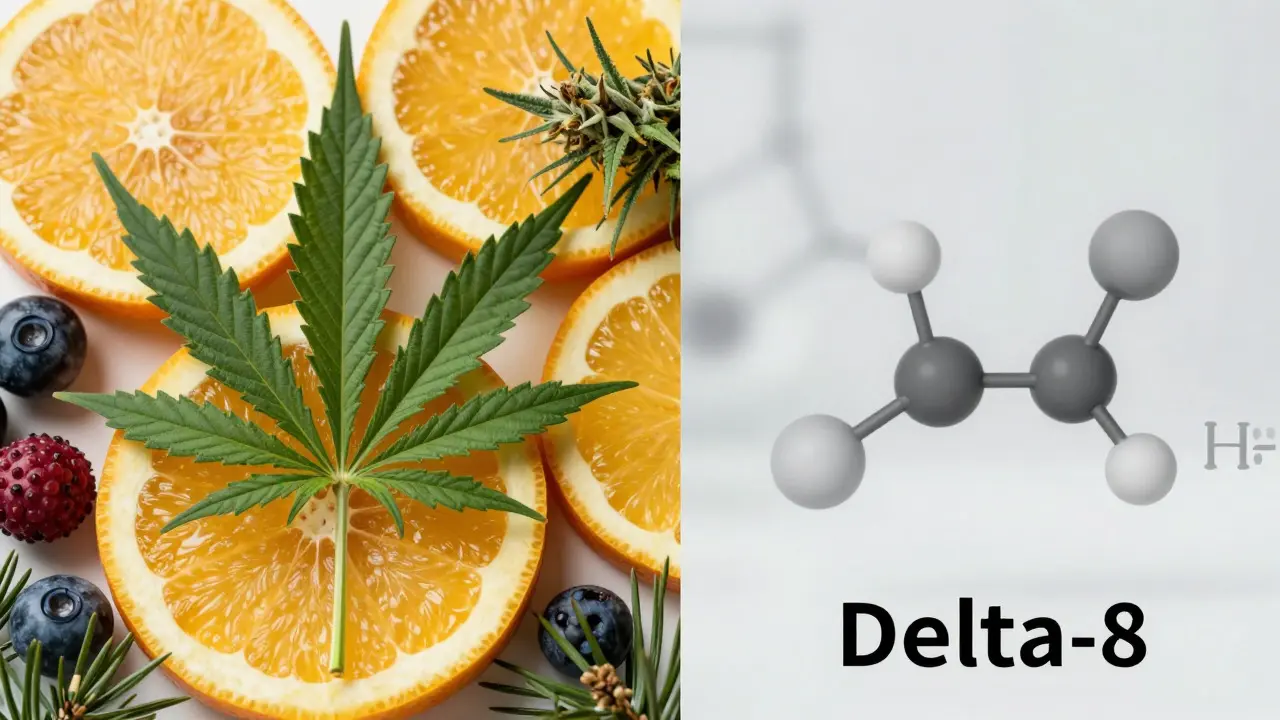 Split composition contrasting a fresh cannabis leaf with citrus and pine (representing HHC's rich terpene flavor) against a sterile chemical molecule structure (representing Delta-8's potential neutral or chemical taste).