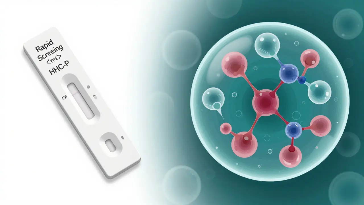 Conceptual art comparing simple test strips with complex molecular analysis