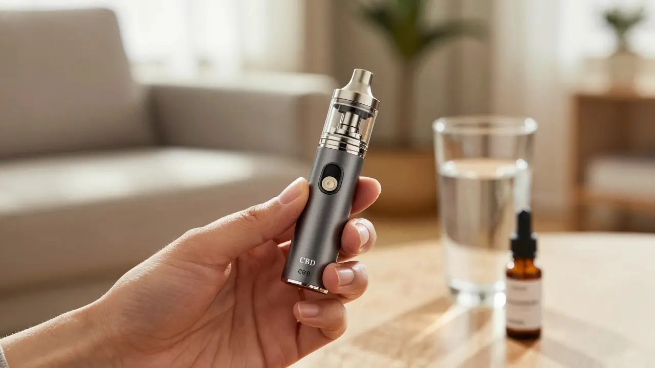 Detailní záběr na ruku držící CBD vape přístroj vedle sklenice vody a oleje.
