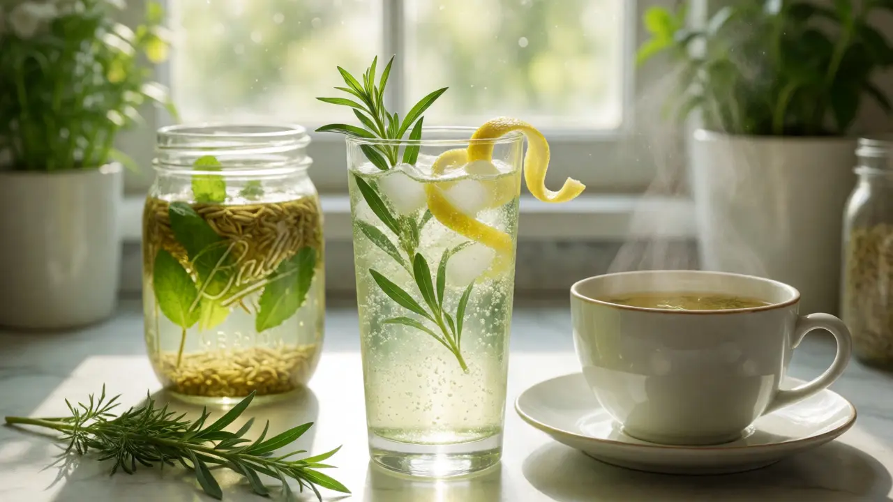 Estragonový mocktail a fenyklový čaj na slunném kuchyňském stole