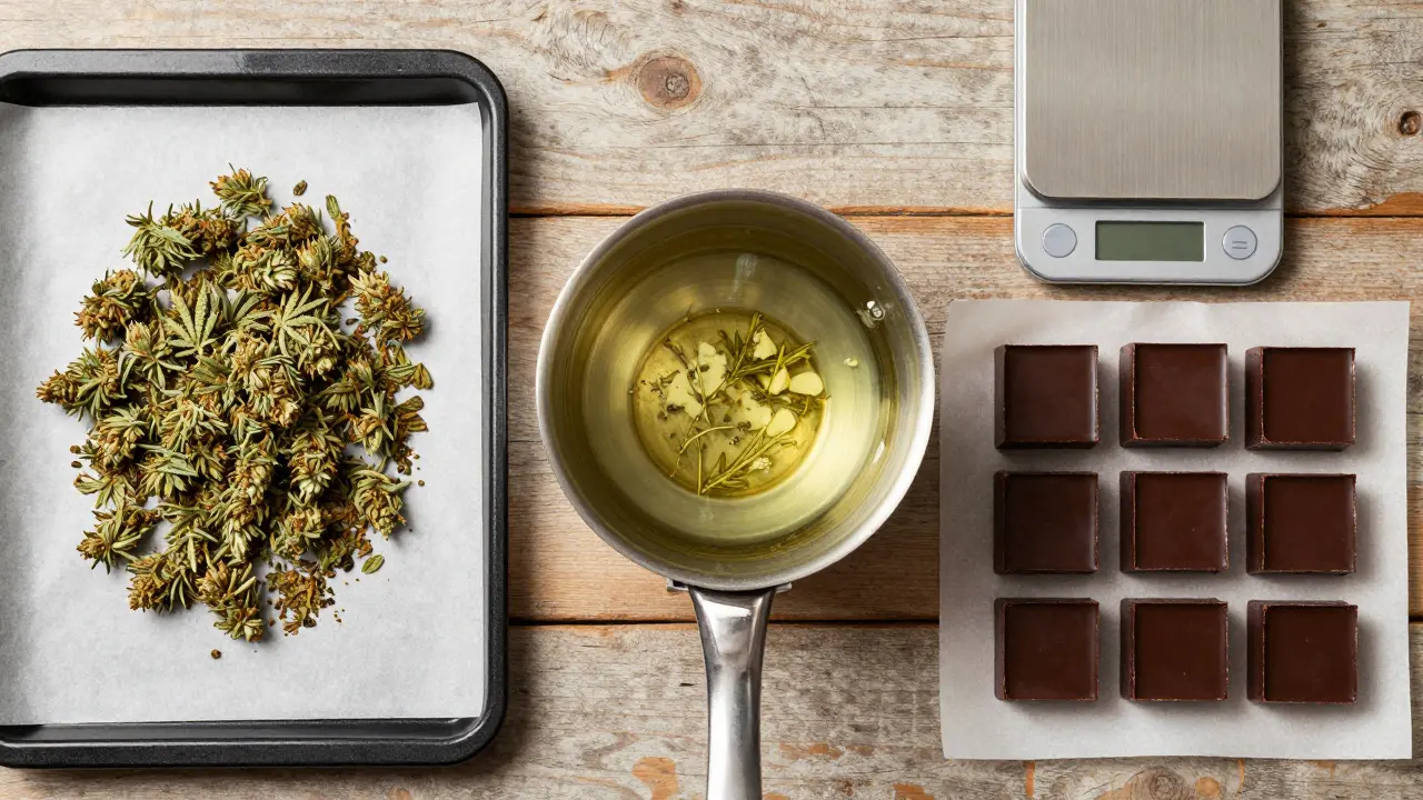 Ingredience pro domácí edibles: květy, olej a hotová čokoláda
