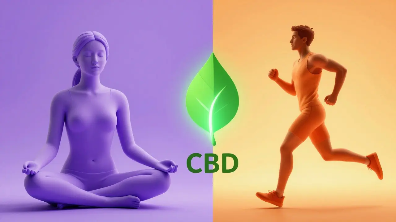 Konceptuální umění znázorňující synergii THCV pro energii a CBD pro klid