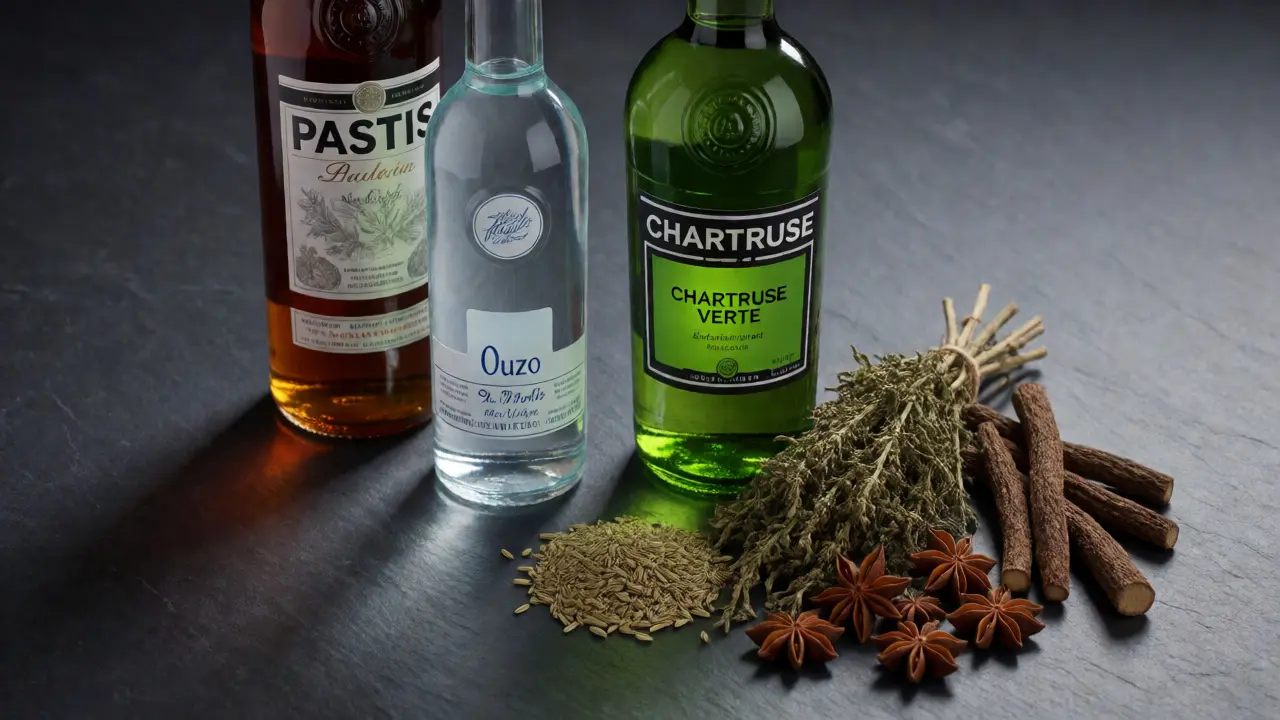 Lahve pastisu, ouza a chartreuse s bylinkami na tmavém pozadí