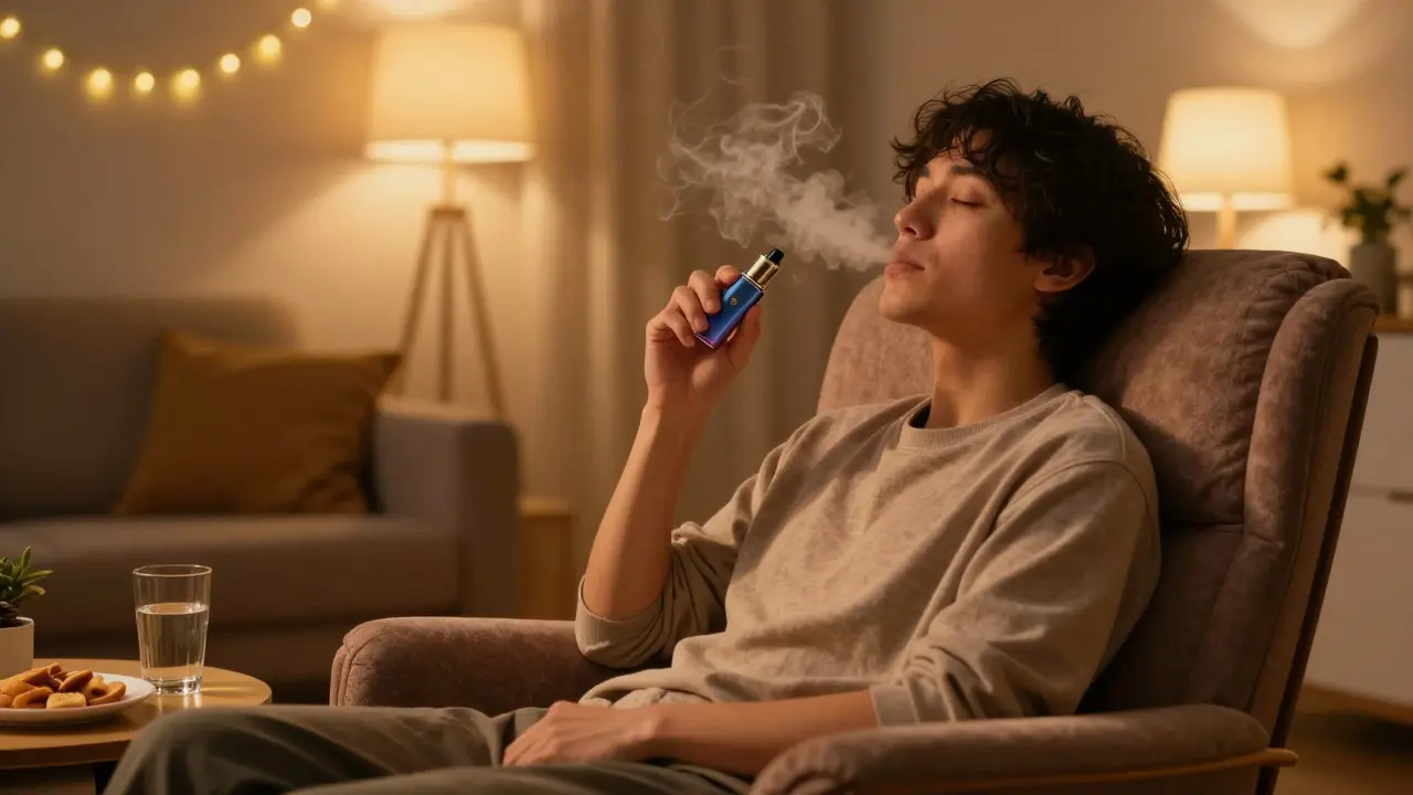 Osoba relaxuje v obývacím pokoji a používá jednorázovou elektronickou cigaretu