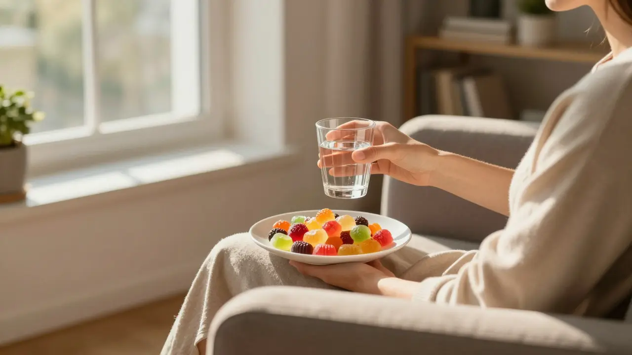 Osoba sedící v křesle s talířem gummy v klidné atmosféře
