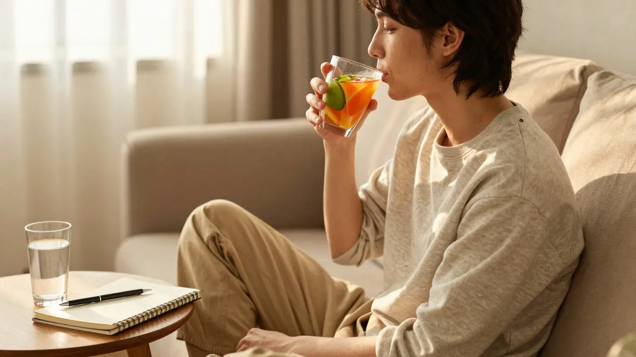 Person relaxing on sofa drinking hemp beverage with water and notebook