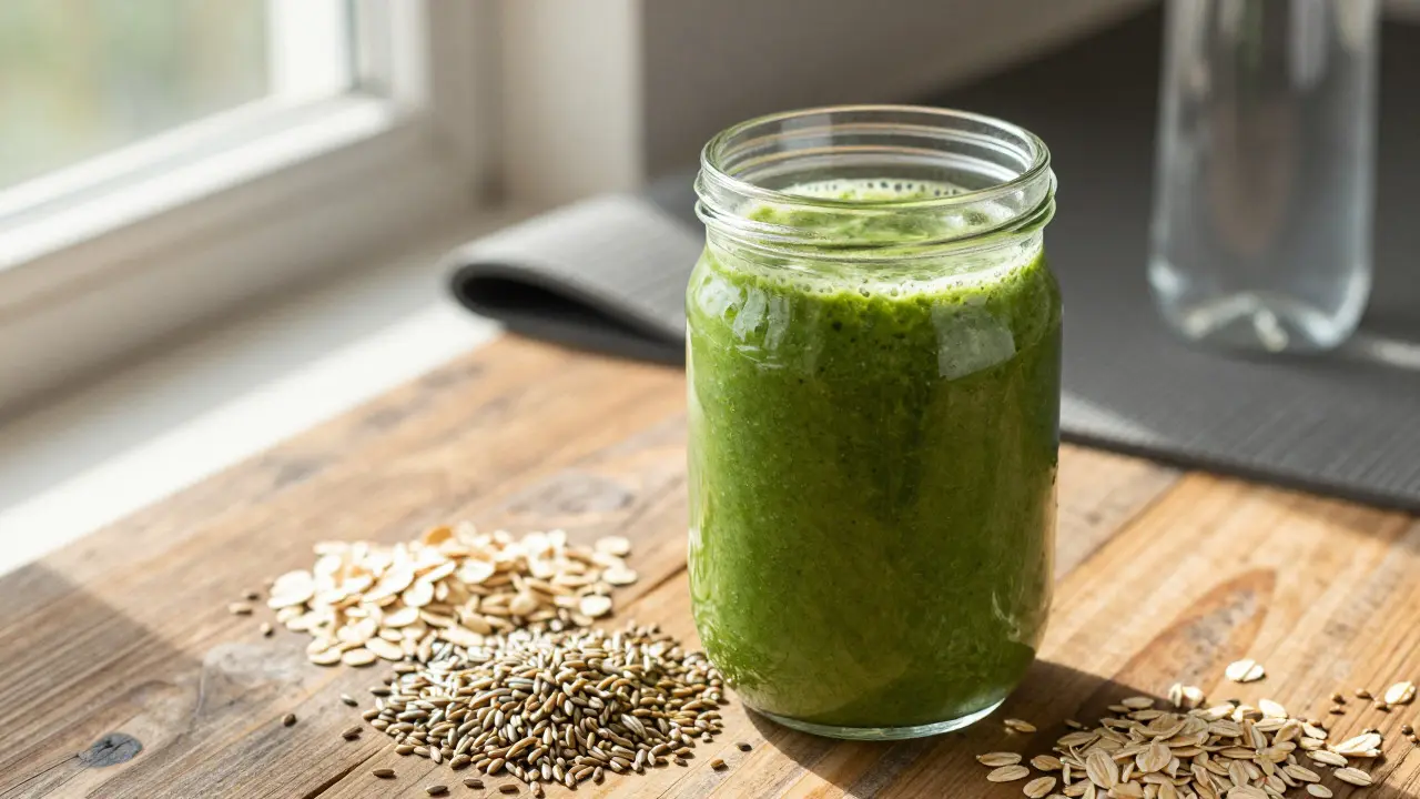 Zdravý zelený smoothie s konopným proteinem na stole