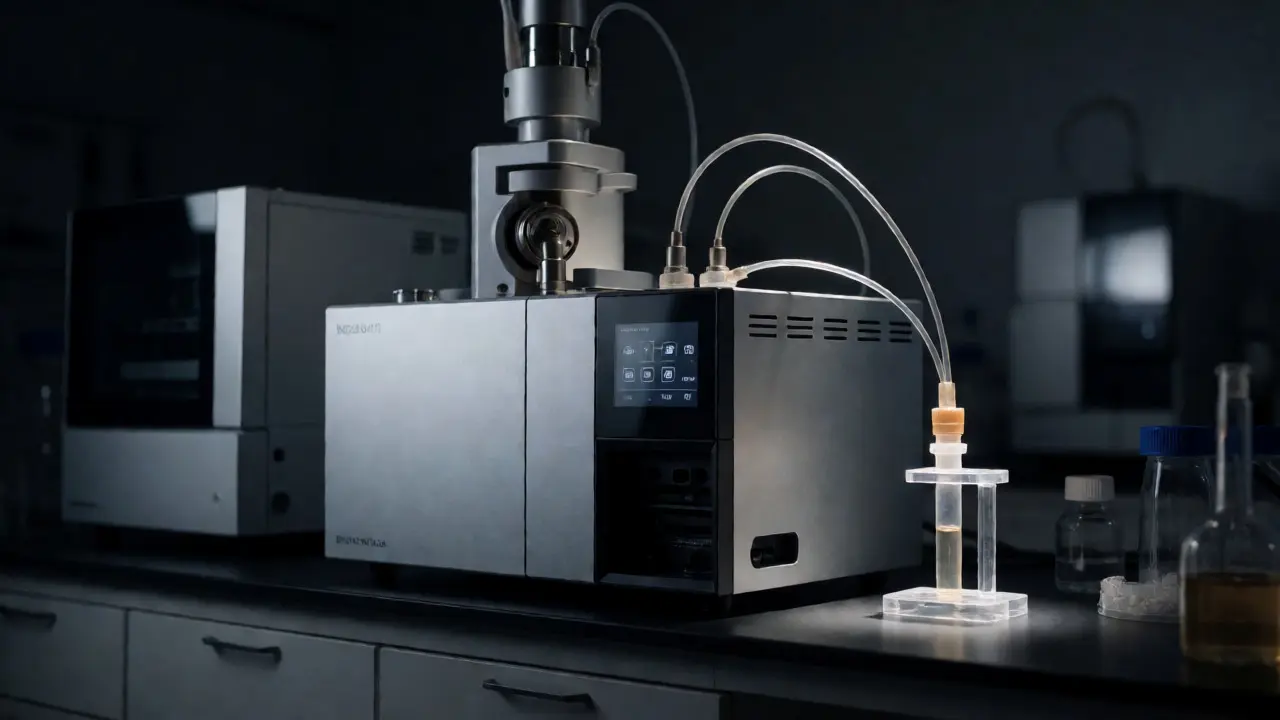 Detail laboratorního přístroje GC-MS používaného k přesnému určení typu kanabinoidu.