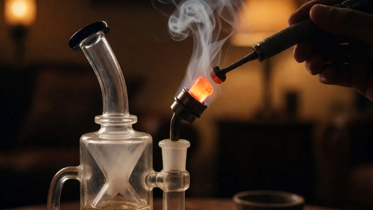 Detailní záběr na zahřátý hrot dab rig s hořákem a stoupající párou z koncentrátů.