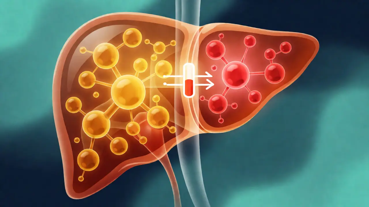 Ilustrace lidských jater přeměňujících Delta 8 THC na detekovatelné metabolity.