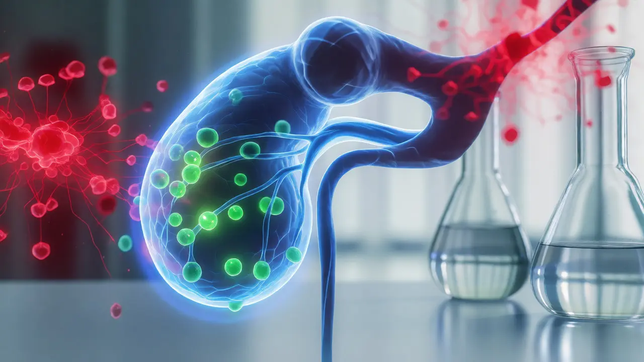 Konceptuální ilustrace interakce CBD molekul s mužským reprodukčním systémem