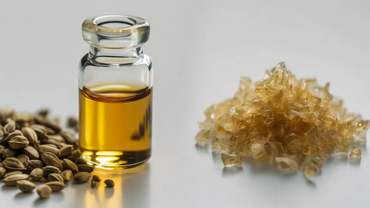 Laboratorní scéna s lahví zlatého oleje a konopnými semeny znázorňující výrobu HHC.