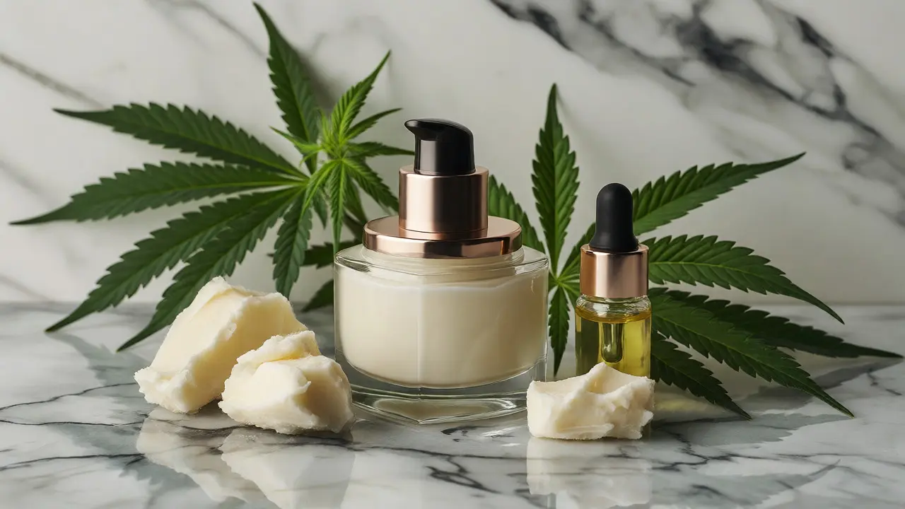 Luxusní skleněnka CBD krému obklopená přírodními surovinami