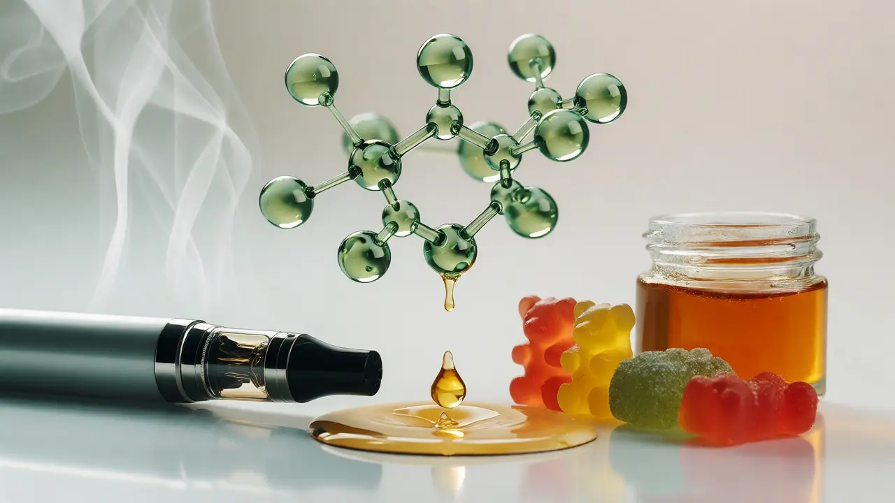 Makro fotografie molekulární struktury HHC nad vapem a gumovými medvídky.